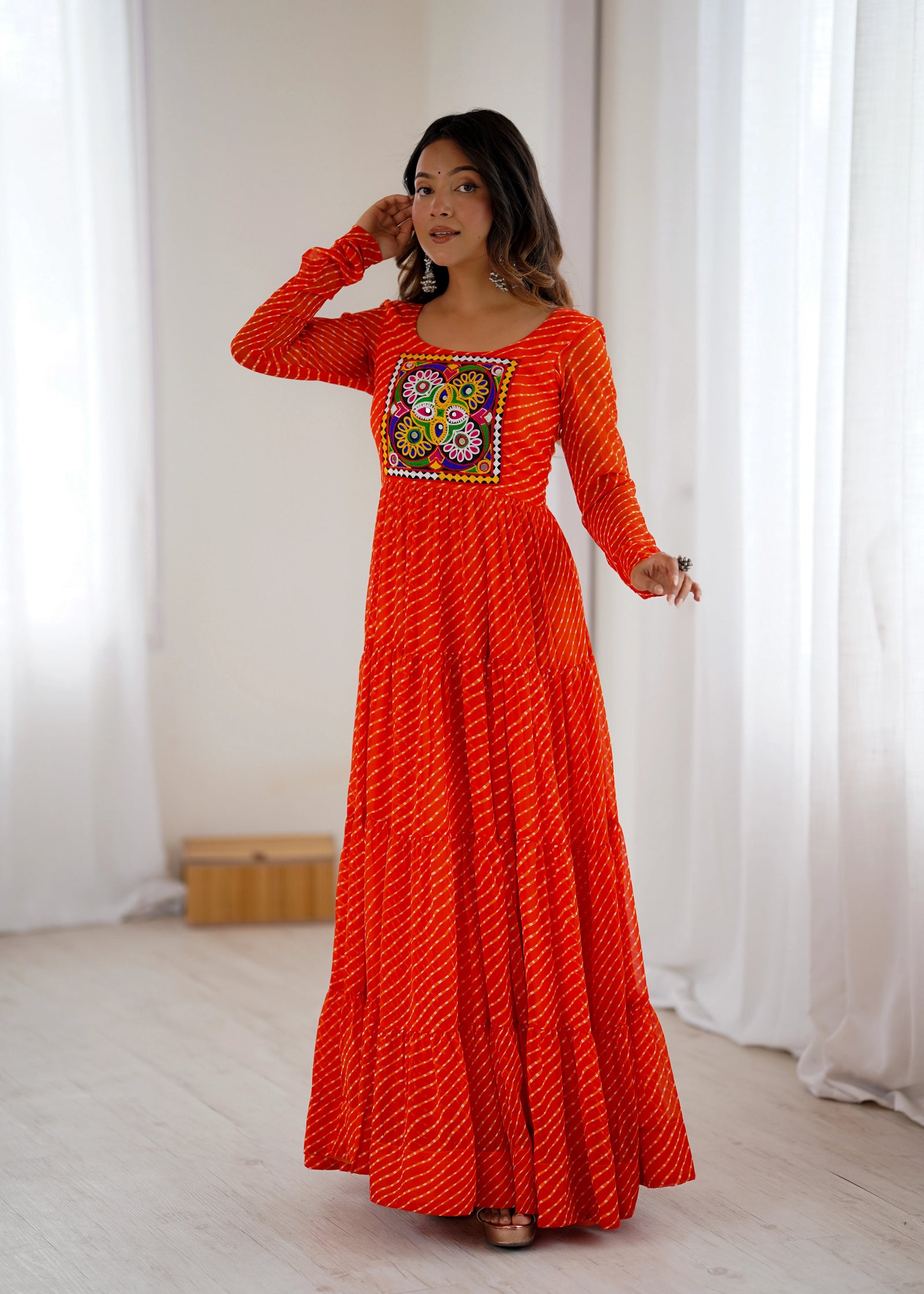 Orange Gamthi with Laheriya Print Fox Georgette Gown – Kalyanja