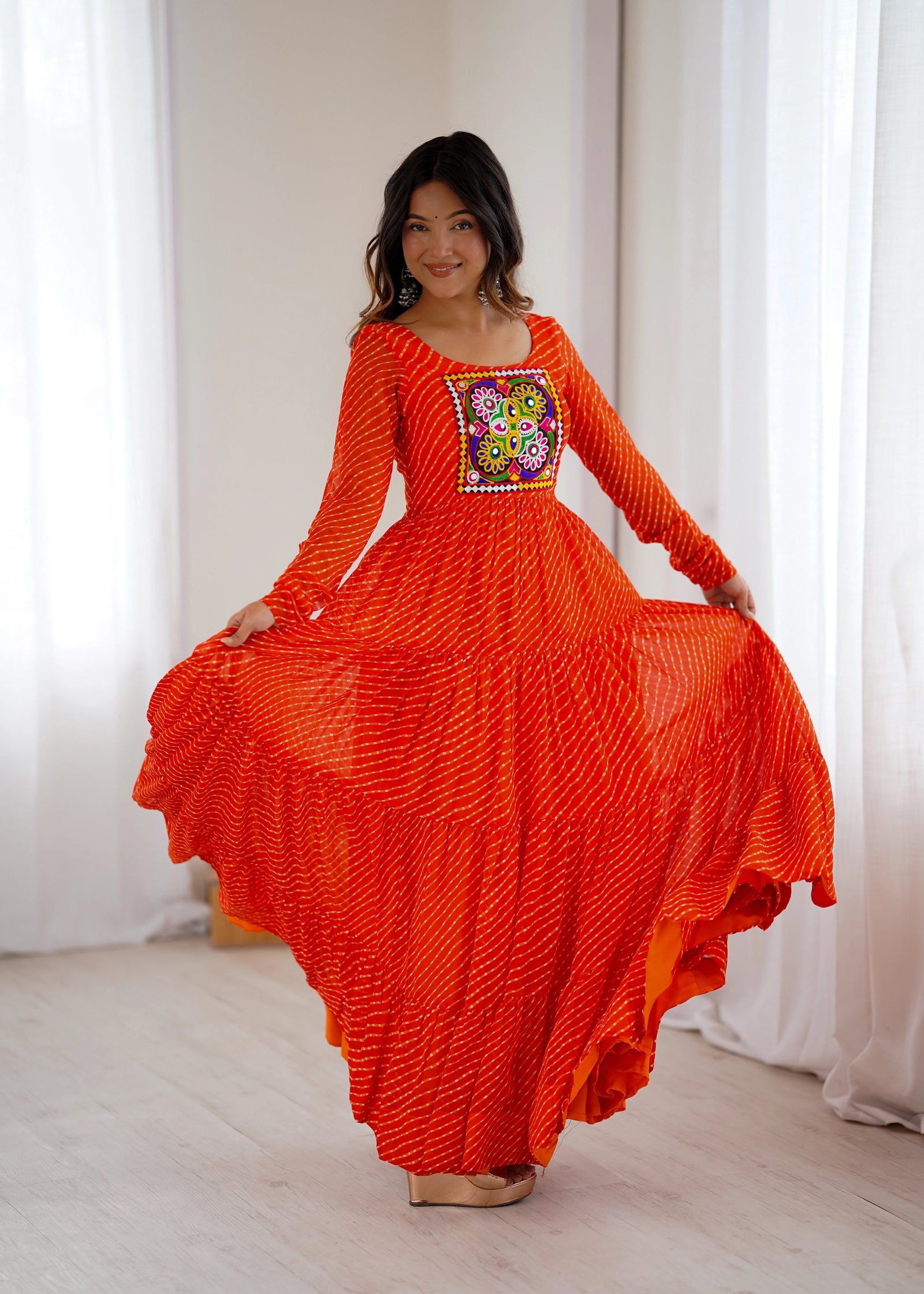 Orange Gamthi with Laheriya Print Fox Georgette Gown – Kalyanja