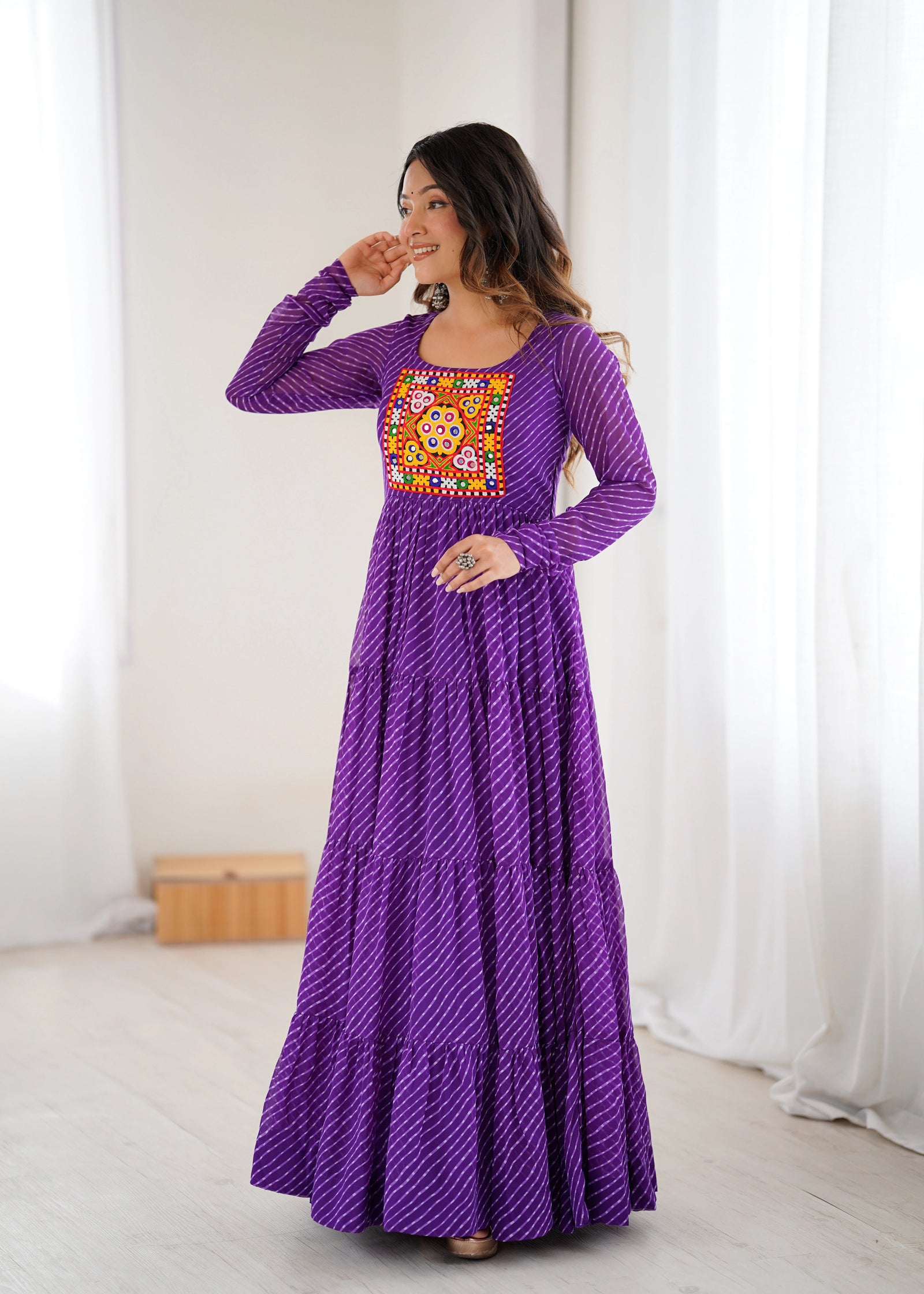 Purple Laheriya print Gamthi work gown – Kalyanja.