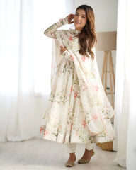 Off White Floral Printed Organza Silk Suit - kalyanja