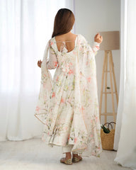 Off White Floral Printed Organza Silk Suit - kalyanja