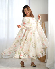 Off White Floral Printed Organza Silk Suit - kalyanja