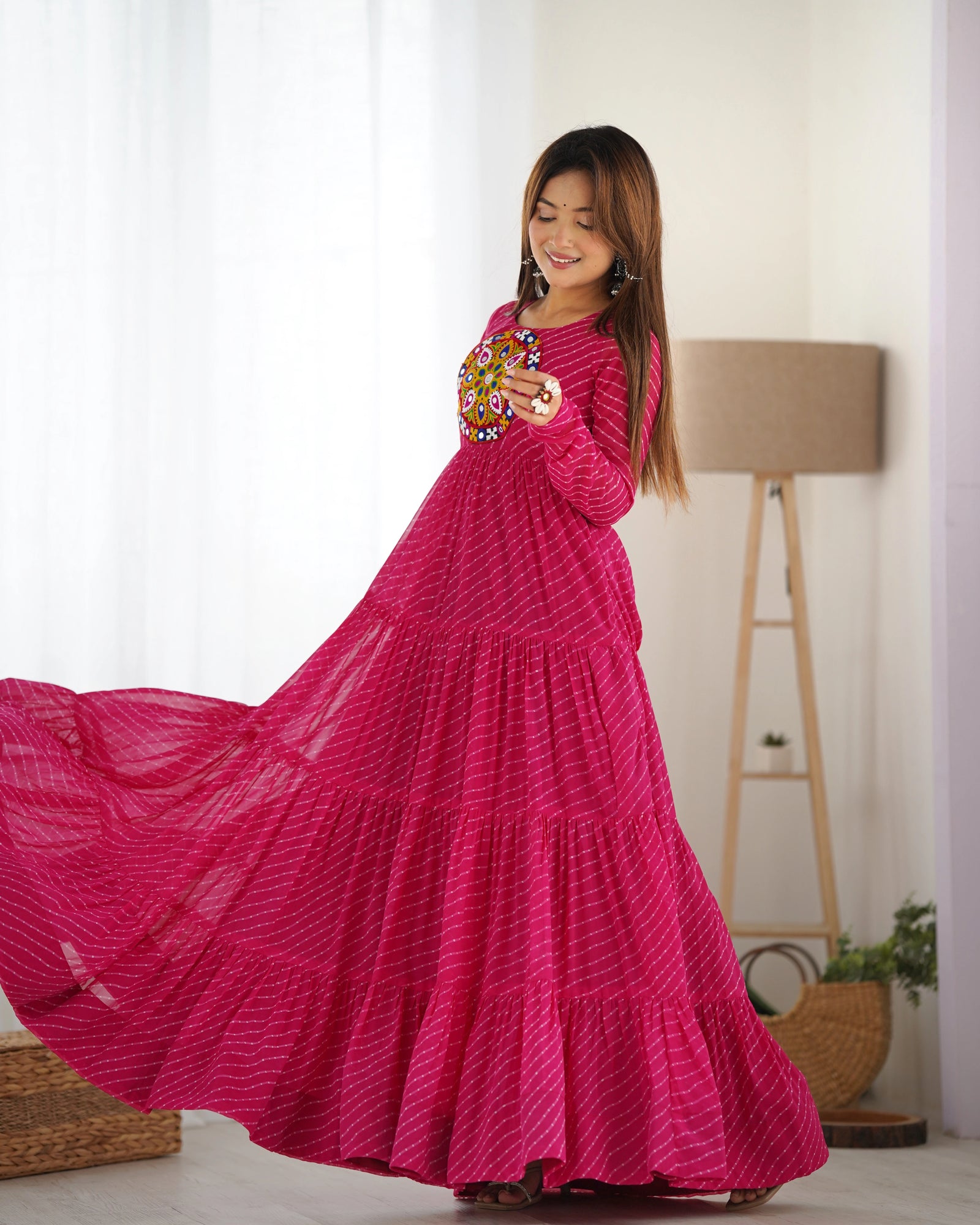 Dark Pink Gamthi with Laheriya Print Fox Georgette Gown – Kalyanja