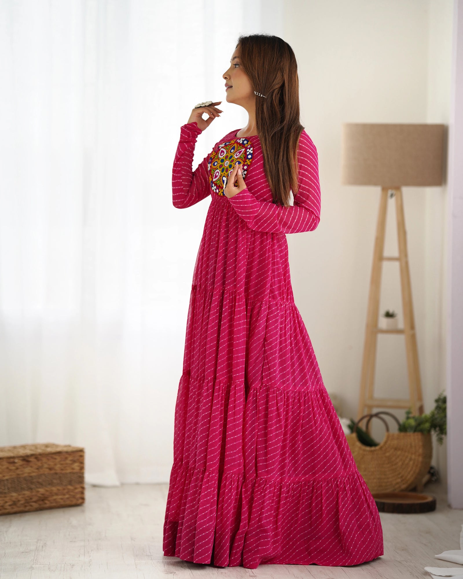 Dark Pink Gamthi with Laheriya Print Fox Georgette Gown - kalyanja