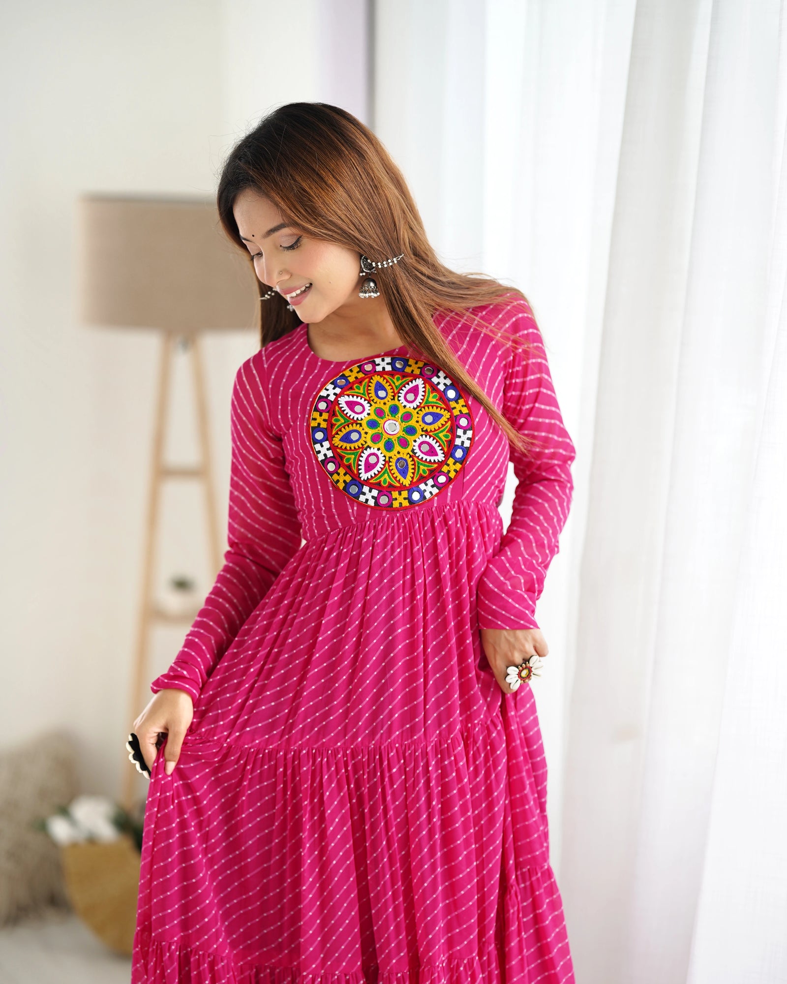 Dark Pink Gamthi with Laheriya Print Fox Georgette Gown – Kalyanja