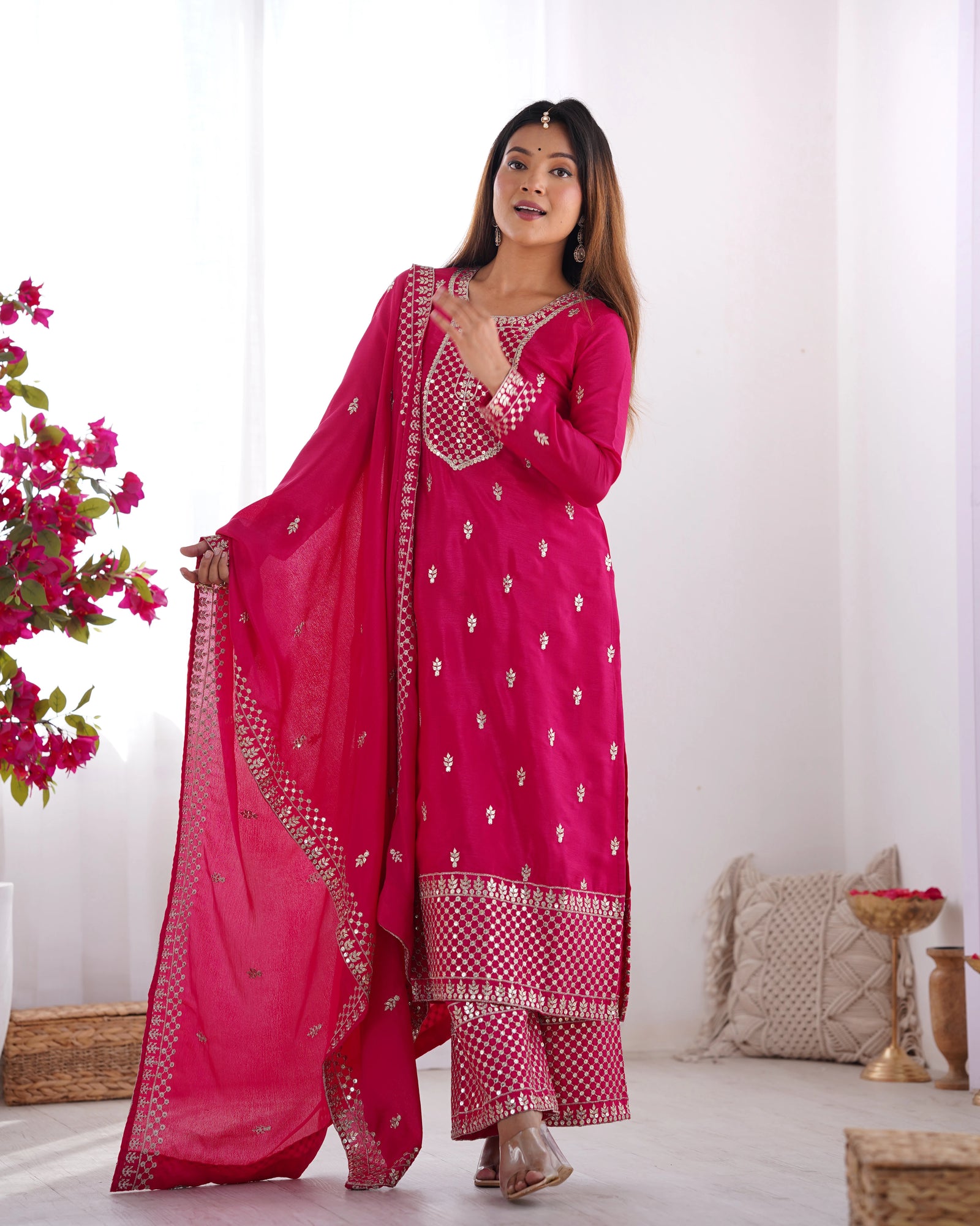 Dark Pink Zari Embroidery & Sequin Chinon Silk Suit - kalyanja