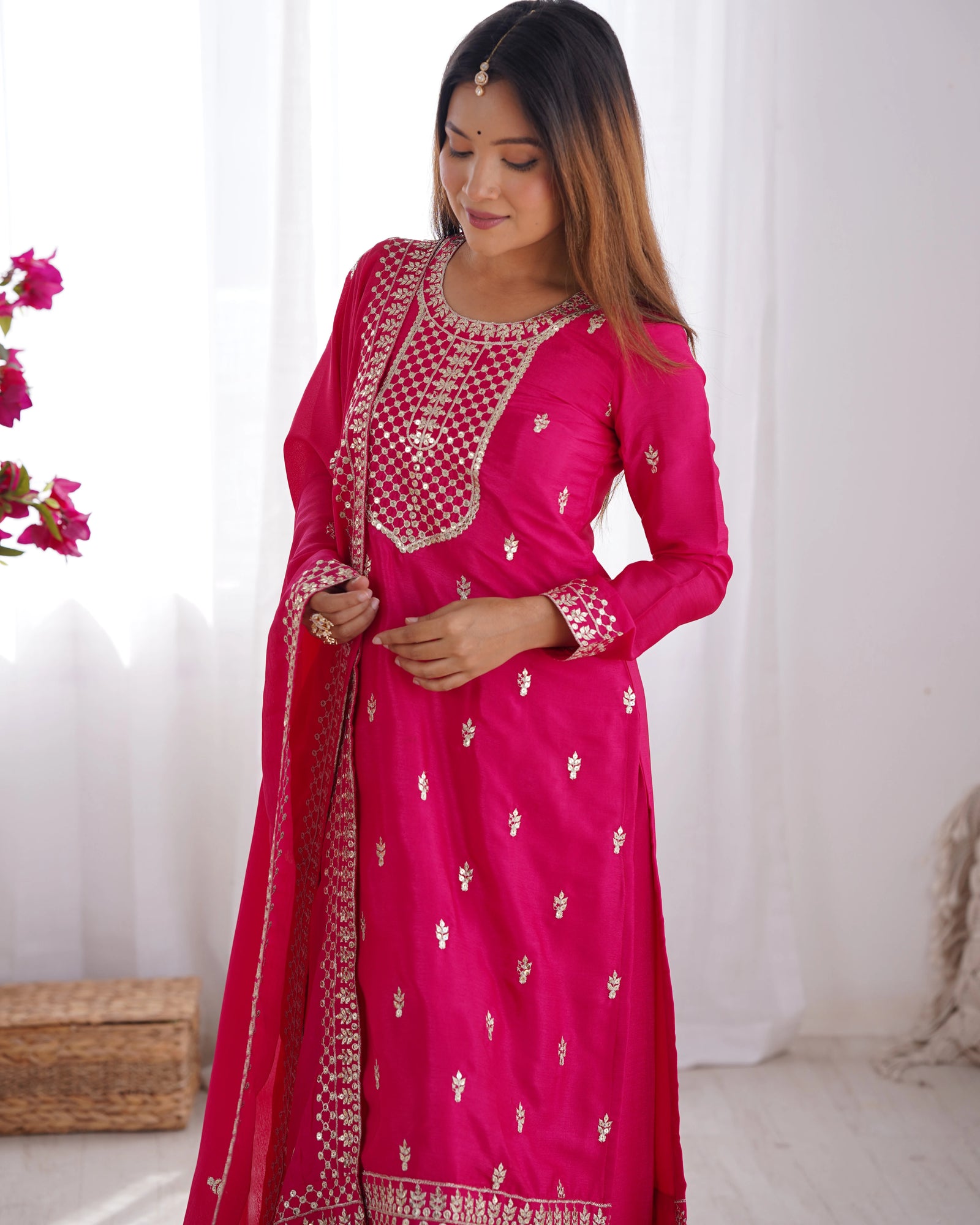 Dark Pink Zari Embroidery & Sequin Chinon Silk Suit – Kalyanja