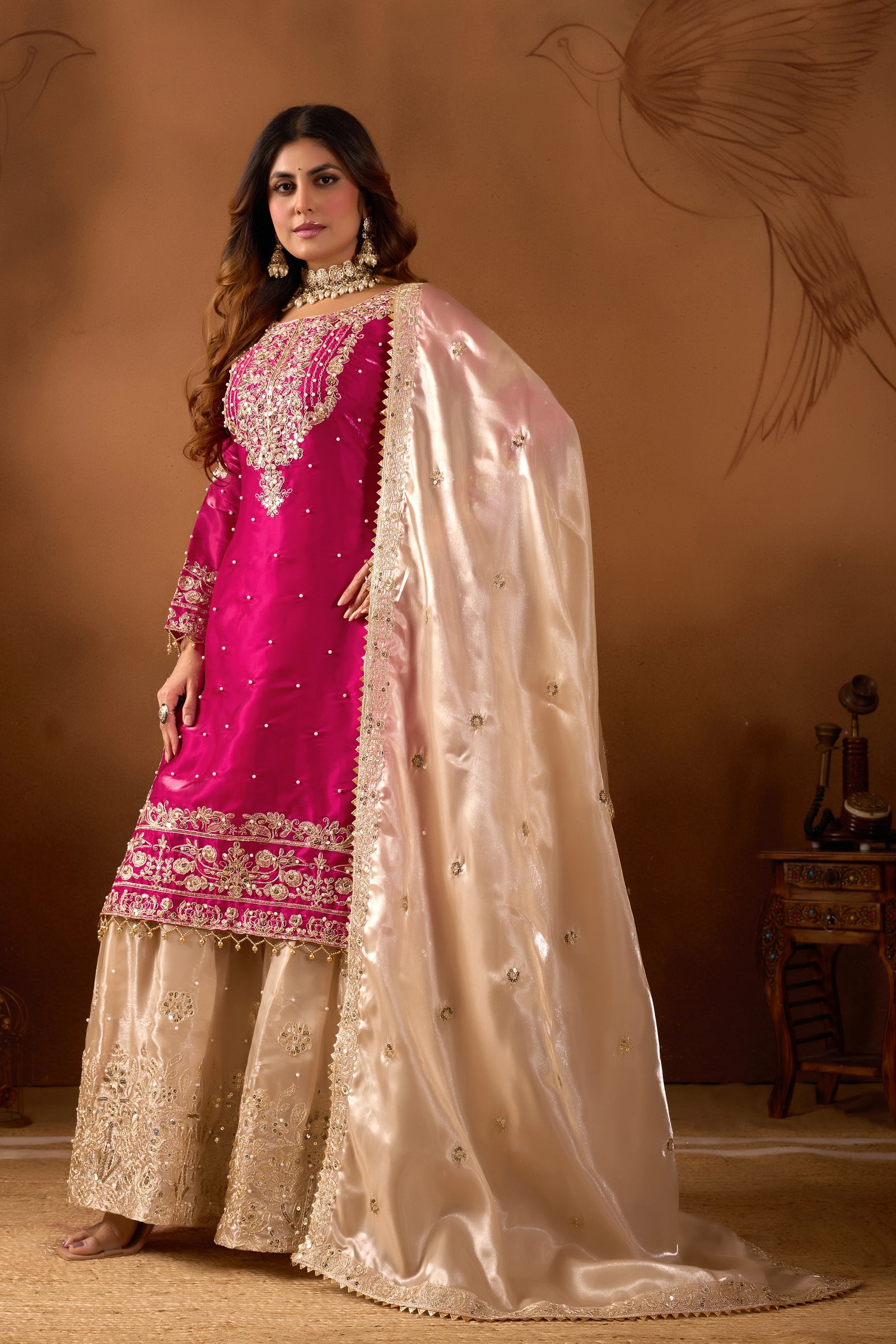 Dark Pink Dori-Sequin Jimmy Choo Silk Suit