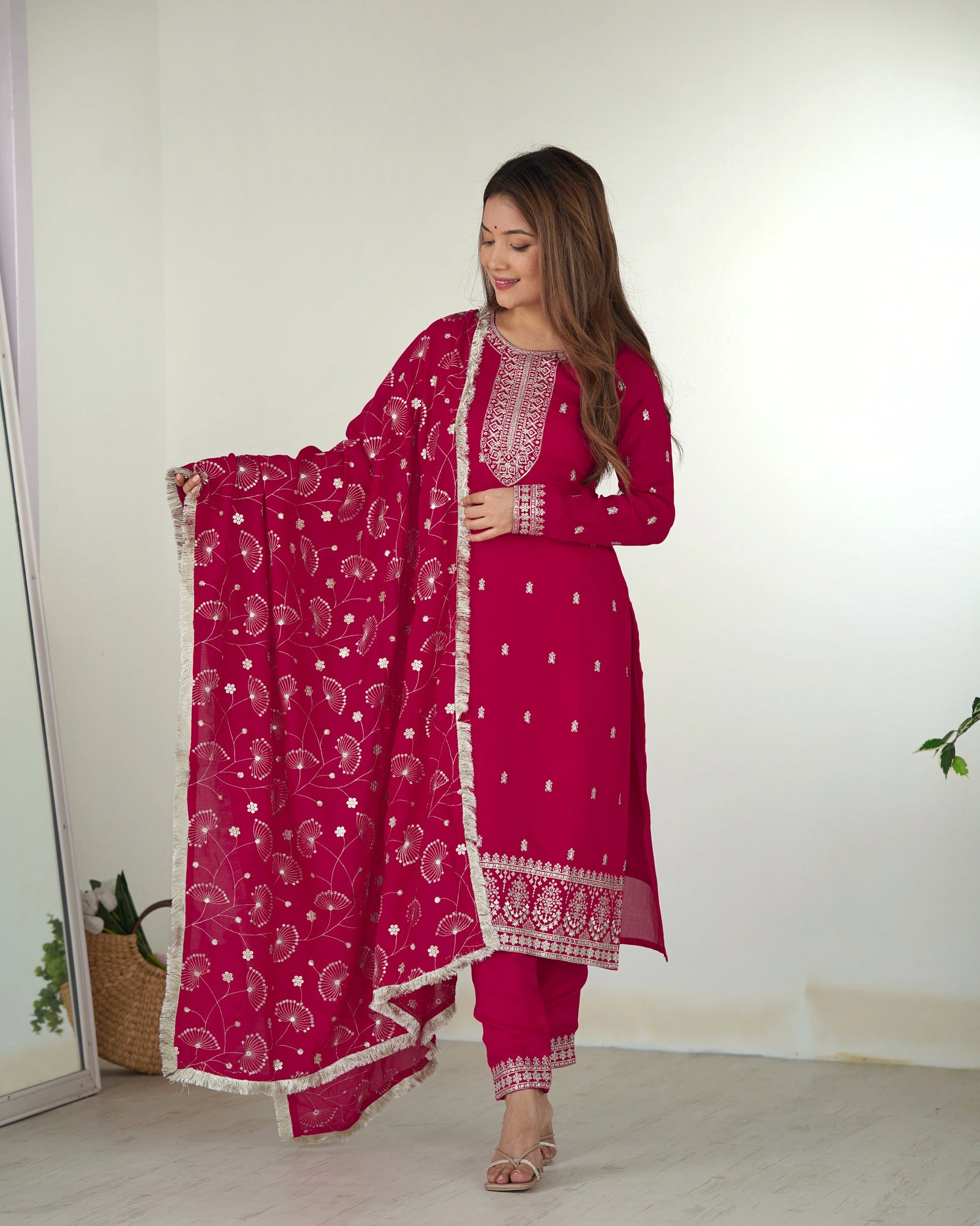 Dark Pink Zari Embroidery & Sequin Work Rangoli Silk Suit – Kalyanja