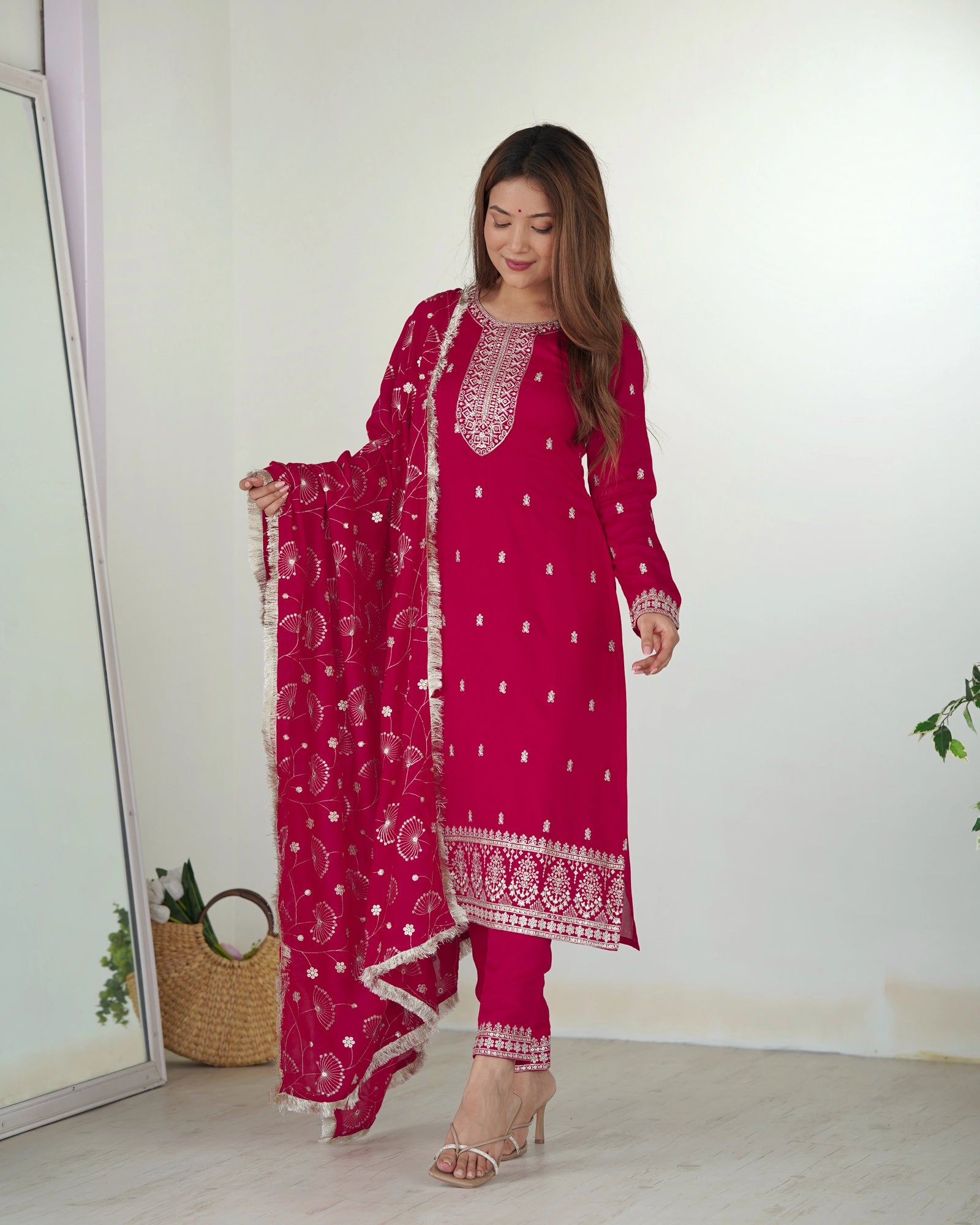 Dark Pink Zari Embroidery & Sequin Work Rangoli Silk Suit - kalyanja
