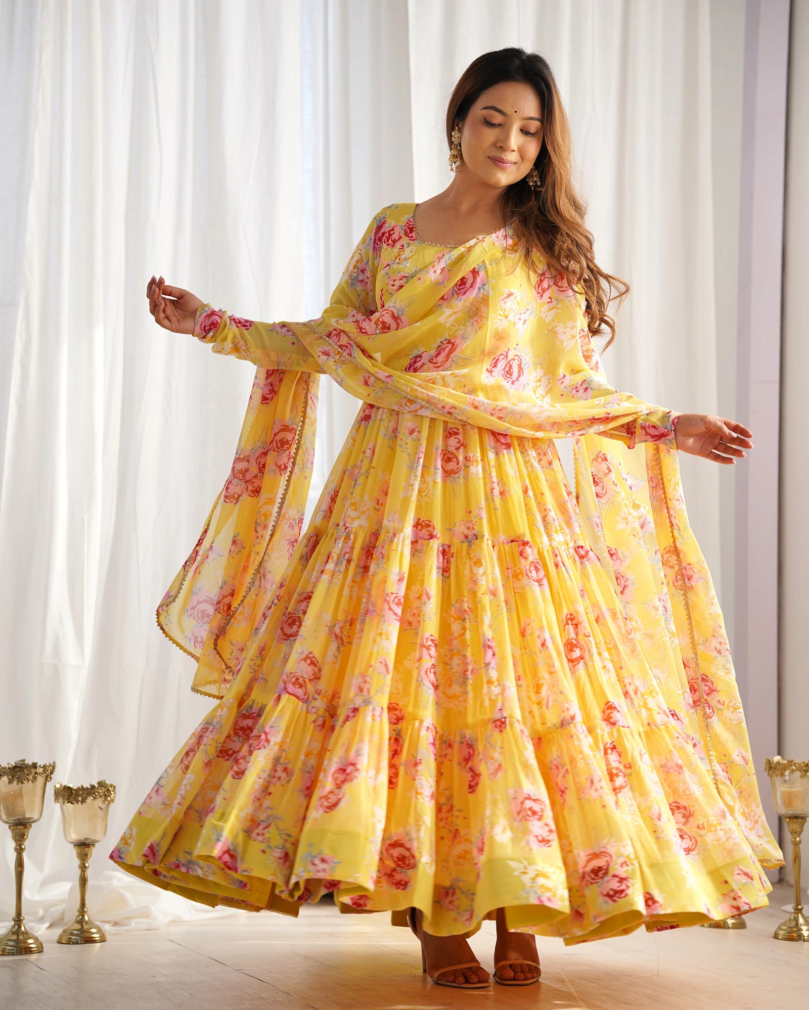 Floral yellow fox georgette suit set – Kalyanja.