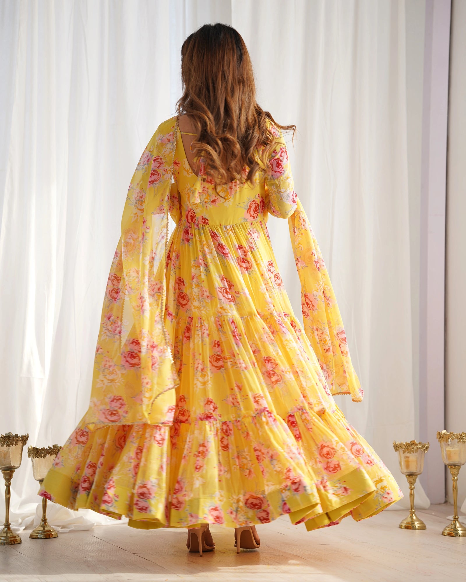 Floral yellow fox georgette suit set – Kalyanja.