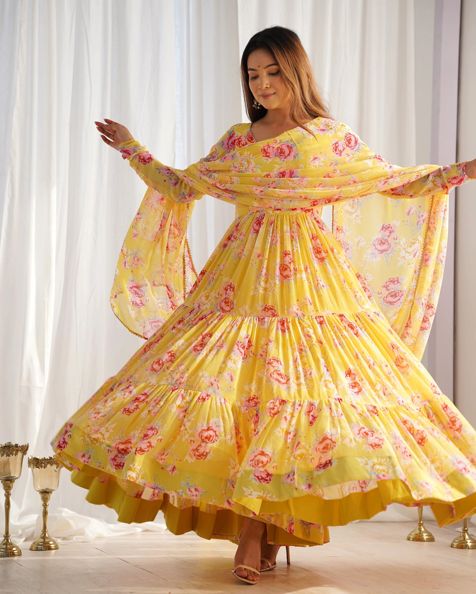 Floral yellow fox georgette suit set – Kalyanja.