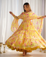 Floral yellow fox georgette suit set – Kalyanja.