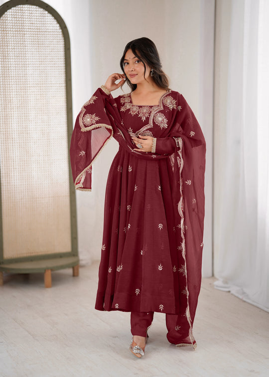 Dark Maroon Embroidery Sequins Work Roman Silk Gown
