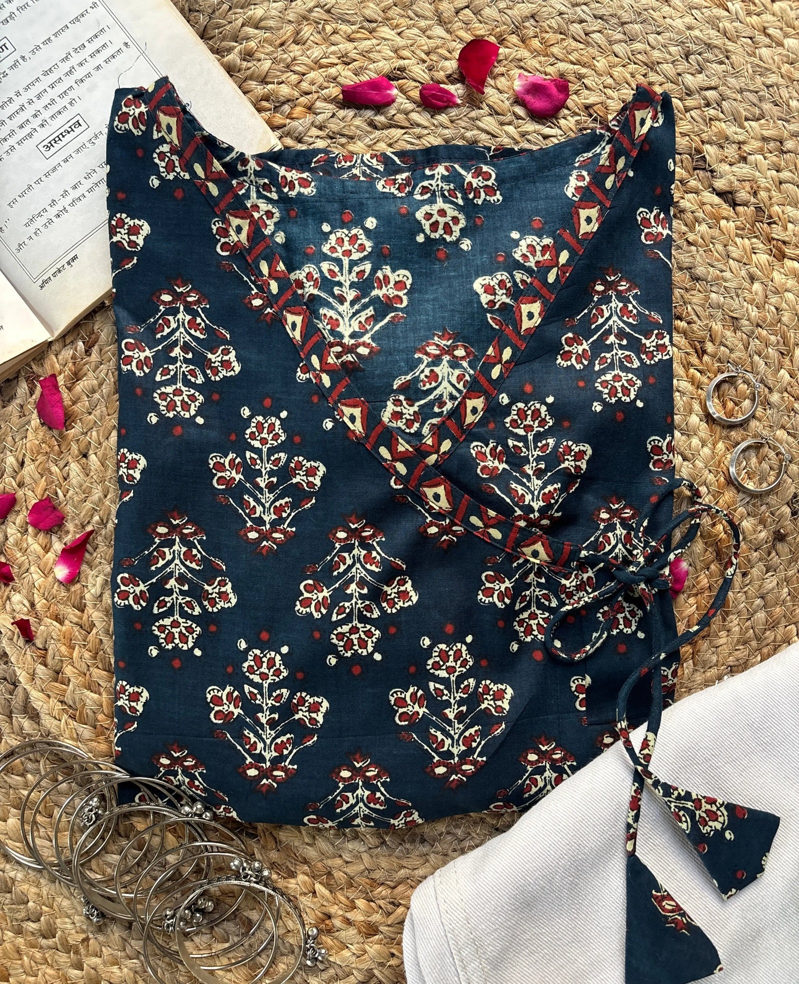 Neelam short kurti in a rich teal floral print with an adjustable wrap-around silhouette – Kalyanja.