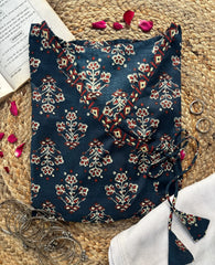 Neelam short kurti in a rich teal floral print with an adjustable wrap-around silhouette – Kalyanja.