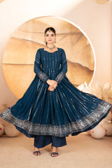 Blue Sequins Thread Embroidery Faux Blooming Suit
