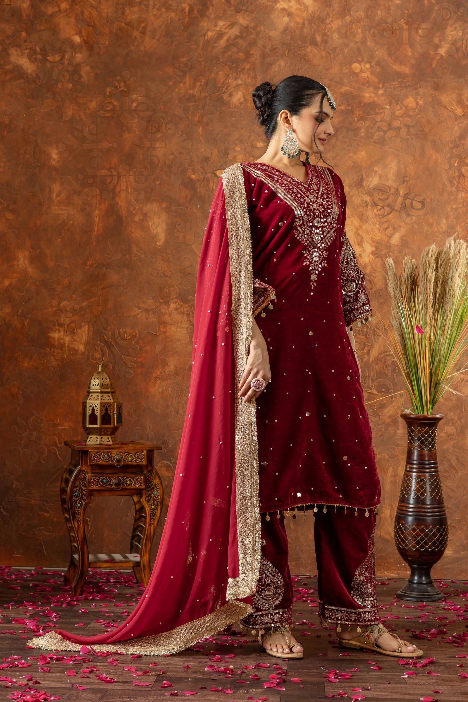 Dark Maroon Sequins Embroidery Work Viscose Velvet Suit - kalyanja