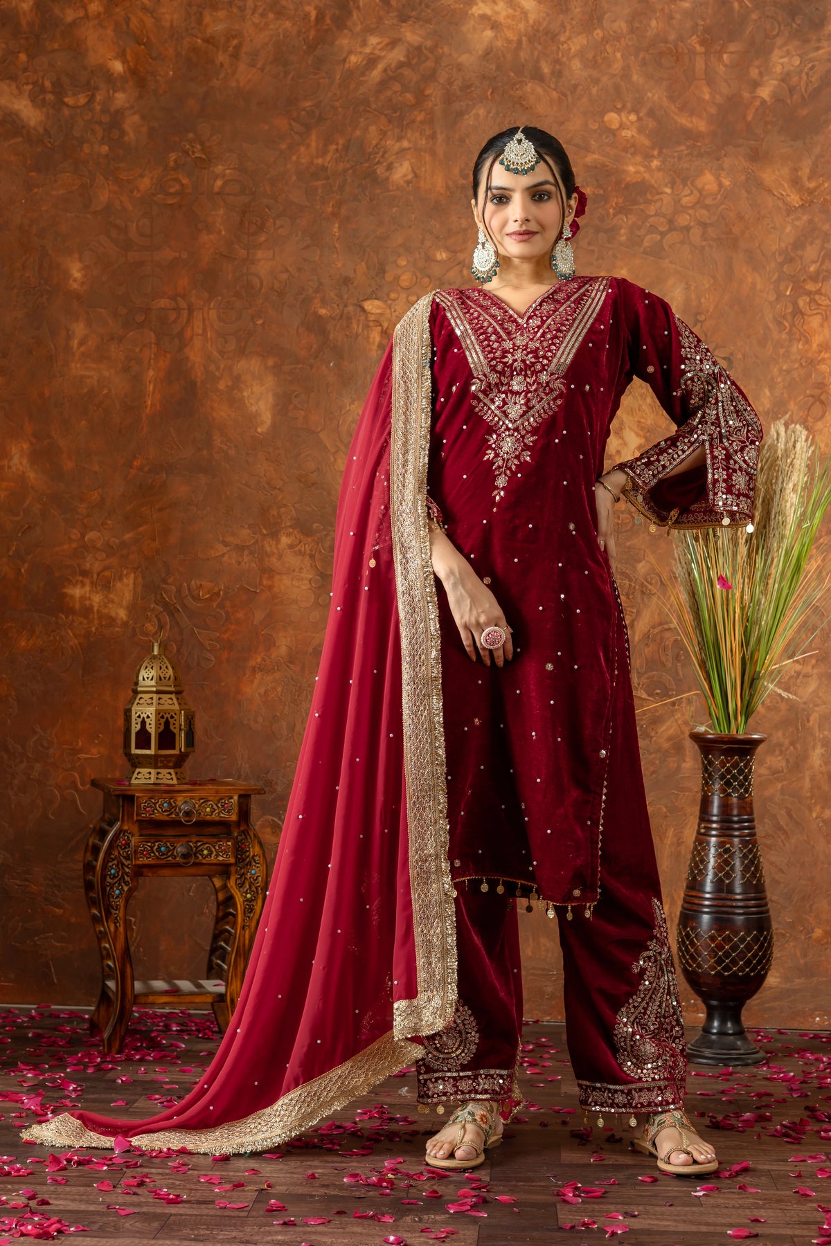 Dark Maroon Sequins Embroidery Work Viscose Velvet Suit