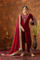 Dark Maroon Sequins Embroidery Work Viscose Velvet Suit - kalyanja
