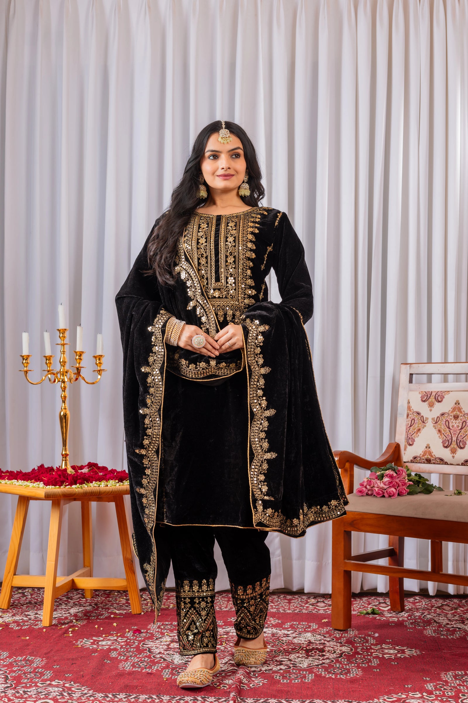 Black Sequins Embroidery Viscose Velvet Suit - kalyanja