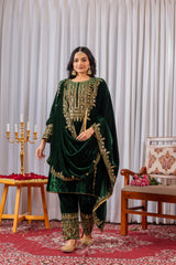 Green Sequins Embroidery Viscose Velvet Suit - kalyanja