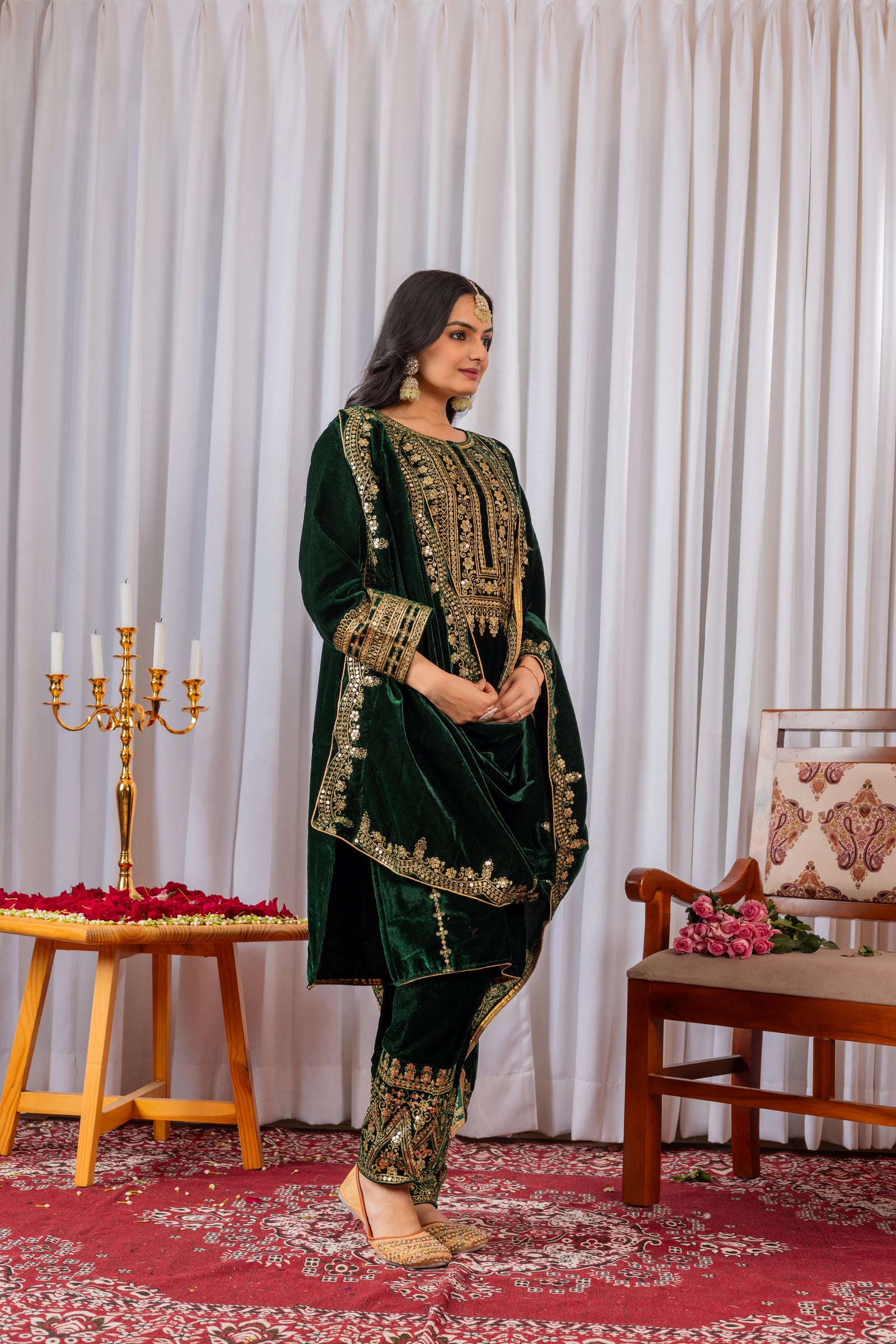 Green Sequins Embroidery Viscose Velvet Suit – Kalyanja