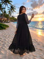 Black Embroidered Dress back view showing covered back design