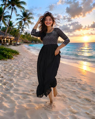 Black Embroidered Dress front view walking on beach sand