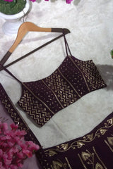 Wine Lehenga choli flat lay on hanger – geometric sequin diamond work, sleeveless crop choli