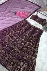 Wine Sequins Embroidered Lehenga flat lay – full set including lehenga skirt, choli and dupatta
