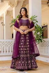 Wine Sequins Embroidered Lehenga front view – Georgette floral thread and sequin work, wedding party wear