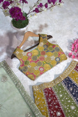 Multicolor embroidered choli back flat lay – covered back, multicolor circular embroidery detail