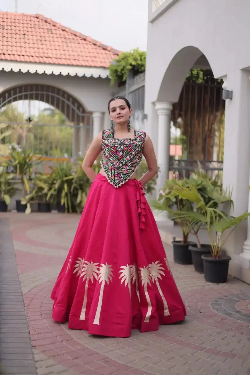 Dark Pink Gamthi Embroidered Lehenga – Back view showing Open with Dori Tie-Up choli back