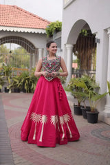 Dark Pink Gamthi Embroidered Lehenga – Front drape view showing Roman skirt flair and Gamthi choli with Gota & Lace Work