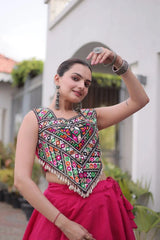 Maroon Gamthi Embroidered Lehenga – Front drape view showing Roman skirt flair and Gamthi choli with Gota & Lace Work