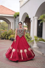 Maroon Gamthi Embroidered Lehenga – Folk Gamthi choli with Square Neck sleeveless design, garba and sangeet wear