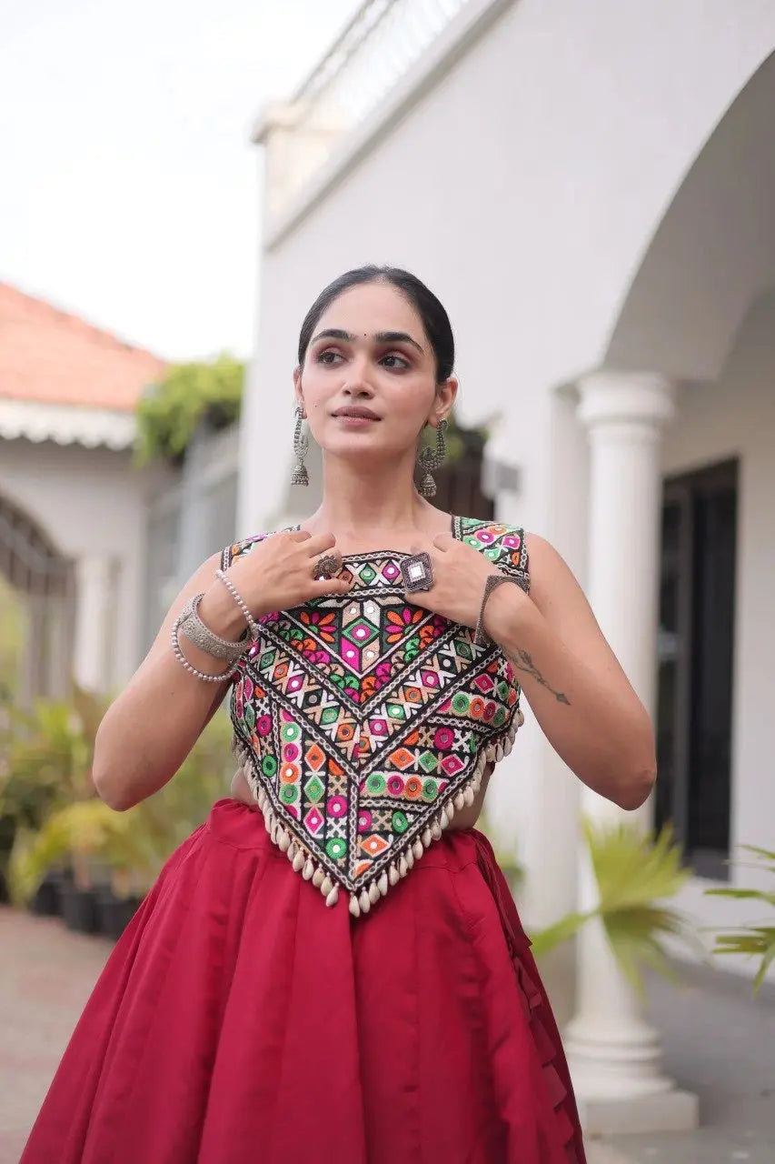 Maroon Gamthi Embroidered Lehenga – Traditional Gujarati folk embroidery lehenga for wedding and festive occasions
