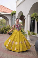 Mustard Yellow Gamthi Embroidered Lehenga – Skirt hem detail showing copper palm print border