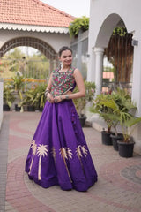 Purple Gamthi Embroidered Lehenga – Full-length view, Navratri festive wear in Roman fabric