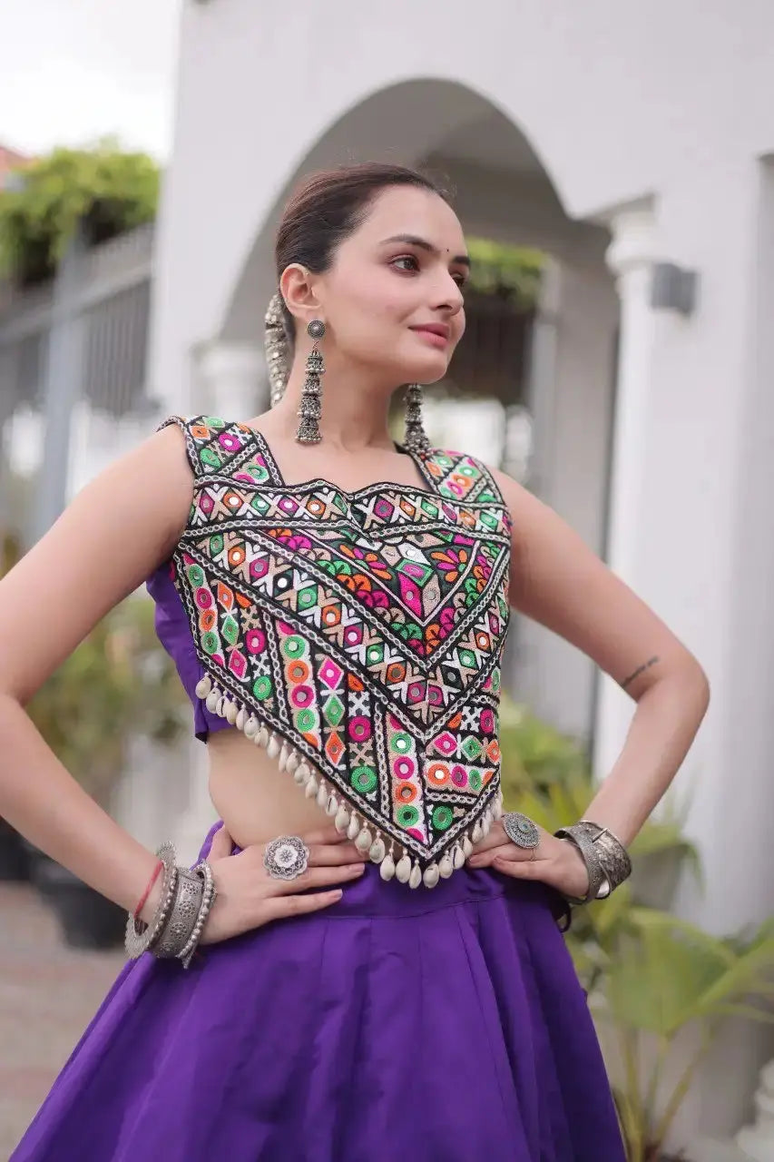 Purple Gamthi Embroidered Lehenga – Skirt detail with copper palm print at hem border