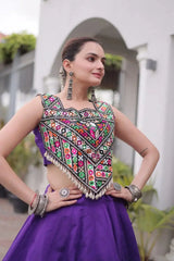 Purple Gamthi Embroidered Lehenga – Skirt detail with copper palm print at hem border