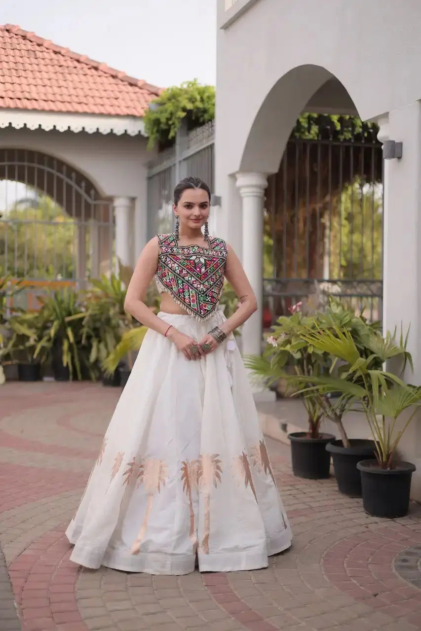 White Gamthi Embroidered Lehenga – Roman fabric, Gota & Lace Work folk choli, festive Navratri wear