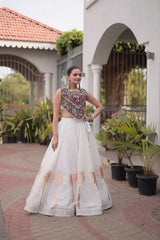 White Gamthi Lehenga front pose – folk embroidered choli with kodi fringe, sangeet and haldi wear