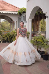 White Gamthi Lehenga smiling full front – Roman skirt with gold palm print border, Gujarati folk choli