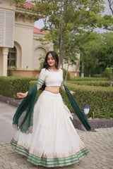 Green Zari Lehenga dupatta twirl both sides – white skirt with green zari hem, sangeet and reception wear