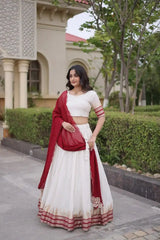 Maroon Zari Weaving Lehenga – Back view showing Open with Dori Tie-Up choli back and dupatta drape