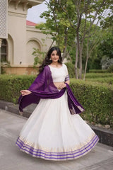 Purple Zari Weaving Lehenga – Skirt border close-up showing geometric temple and floral gold zari motifs