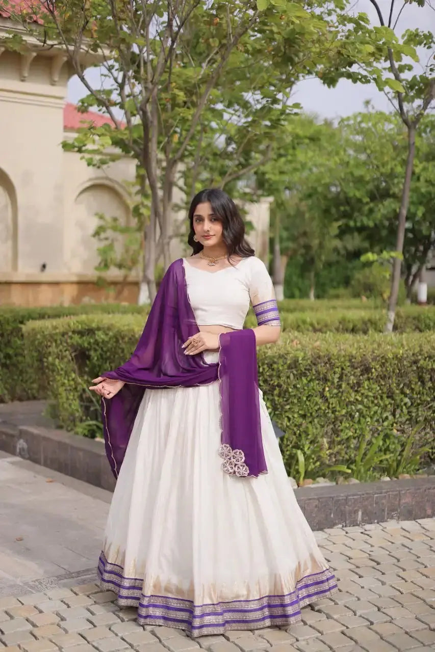 Purple Zari Weaving Lehenga – Front drape view showing Viscose Jacquard skirt with gold zari border and half-sleeve choli